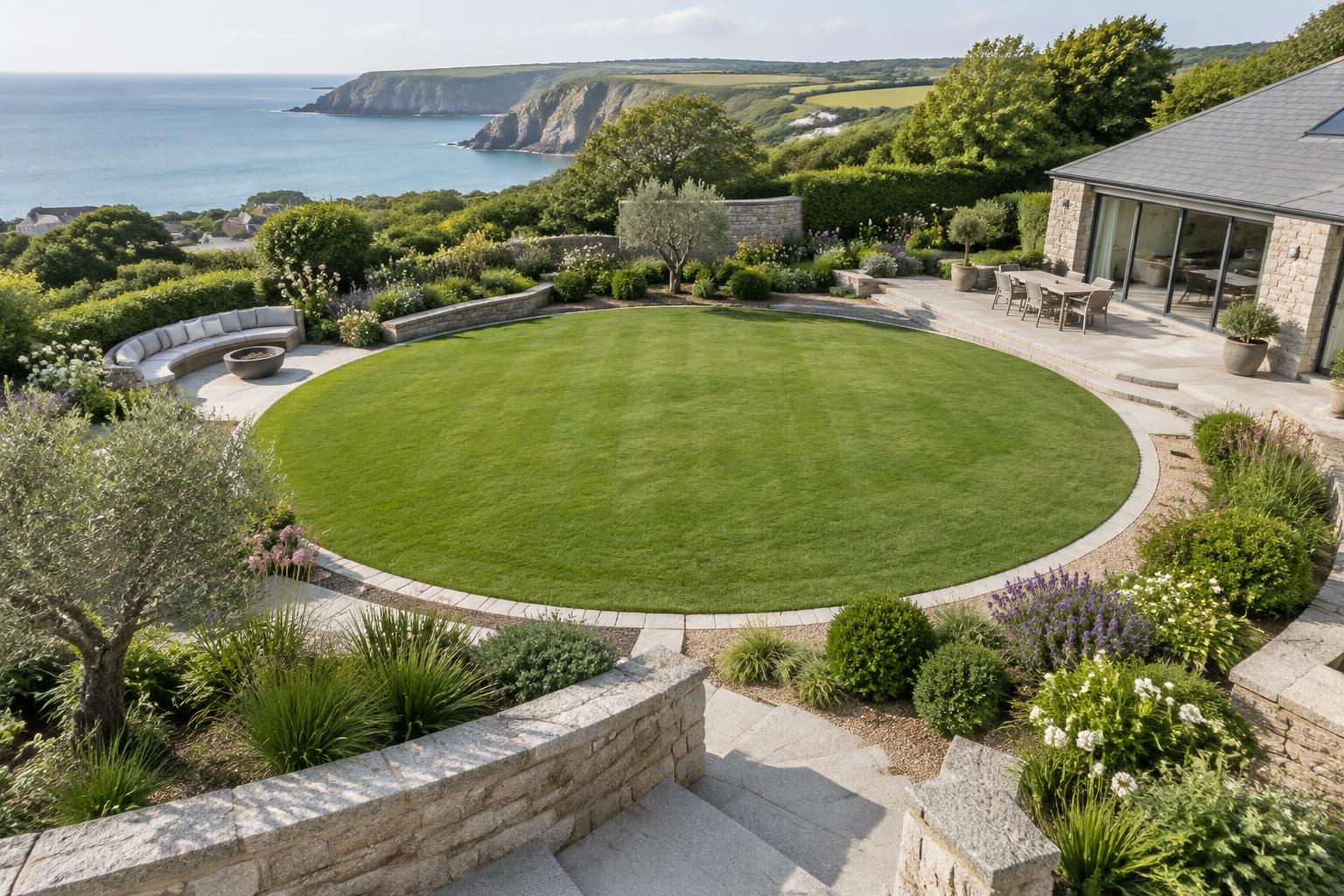 Completed circular lawn overlooking the Cornish coast