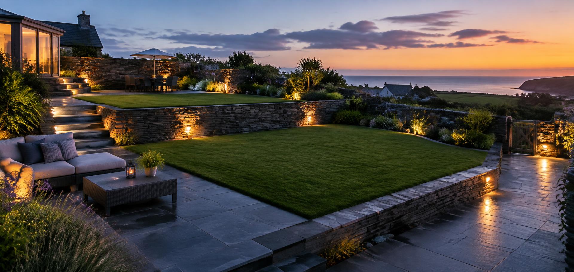 Terraced coastal garden lawn at twilight
